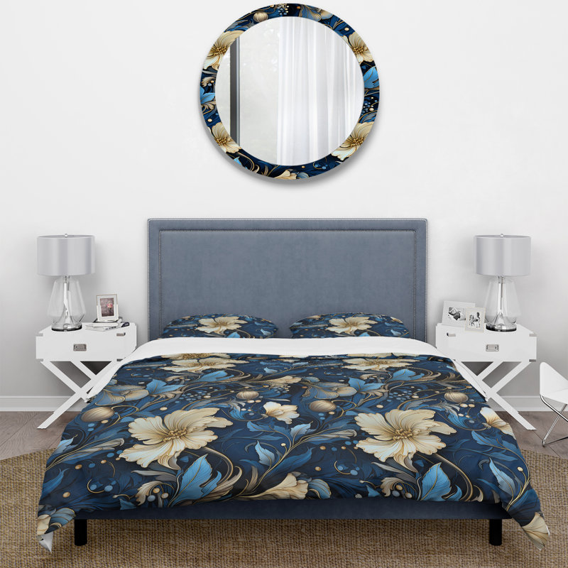 Cobalt Blue Nouveau Vines Victorian Pattern Duvet Cover, King Duvet Cover + 2 King Shams