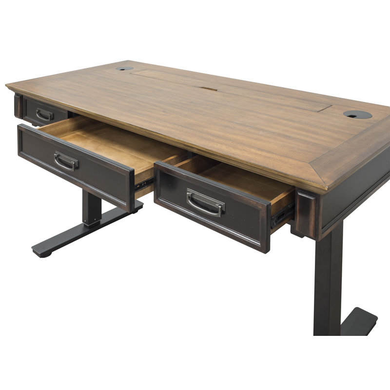 Adjustable Metal Base Standing Desk with Power Outlet, Brown