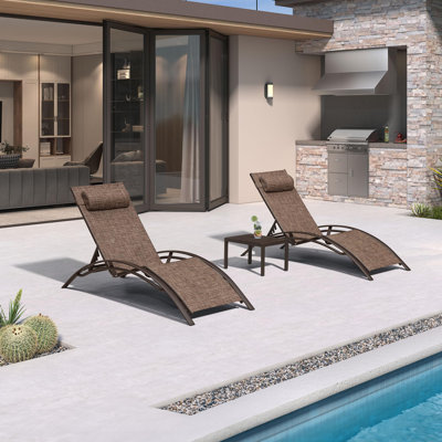  Outdoor Chaise Lounge Chair Set of 3 Patio Pool Lounger Bronze Aluminum Chairs with Side Table Adjustable Tanning Recliner for Outside Backyard Yard Deck Balcony Beach