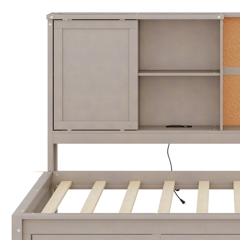 Lit de jour de détente avec tablettes de rangement, planche de liège, ports USB et 3 tiroirs, Gris antique