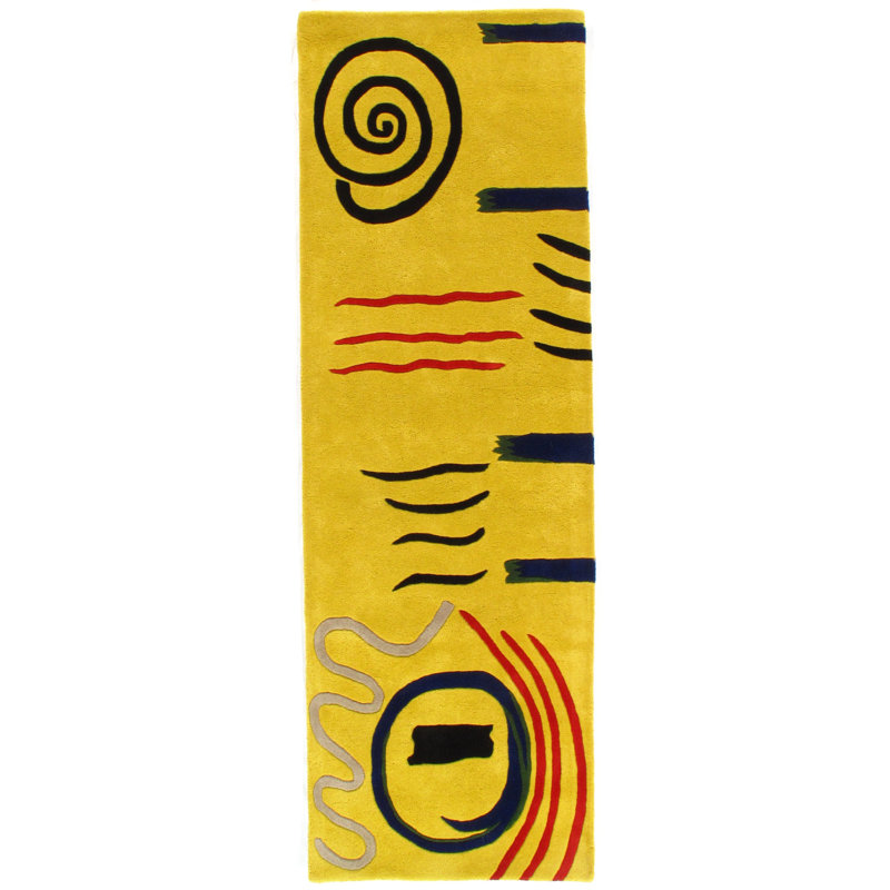Handmade Yellow Wool Runner Rug with Abstract Design