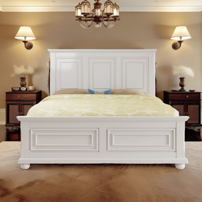 Vintage 80.6" Width Pinewood Bed, Traditional Town & Country Style with Carved Details - Solid Wood Frame, No Box Spring Needed,