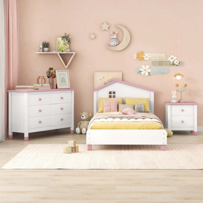 Ensemble de lit plateforme 3 pièces avec table de chevet et commode de rangement