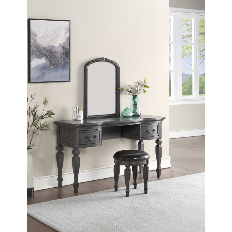 Meuble-lavabo contemporain avec tabouret en bois et rangement - Miroir à garniture cloutée classique de style moderne inclus