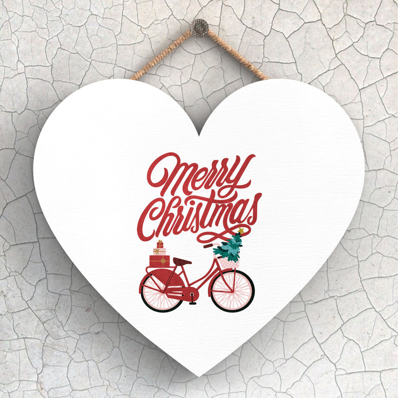 Xmas Merry Christmas Bicycle Wooden Heart Plaque, 16cm H x 17cm W x 0.9cm D