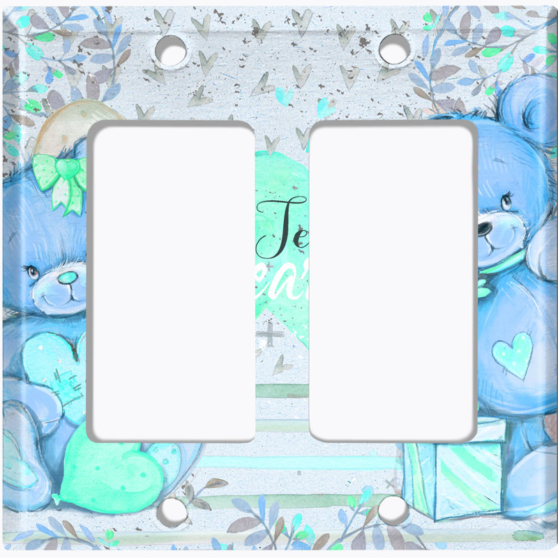 Metal Light Switch Plate Outlet Cover (Teddy Bears Birthday Love Hearts Present Pink - Double Rocker), Blue