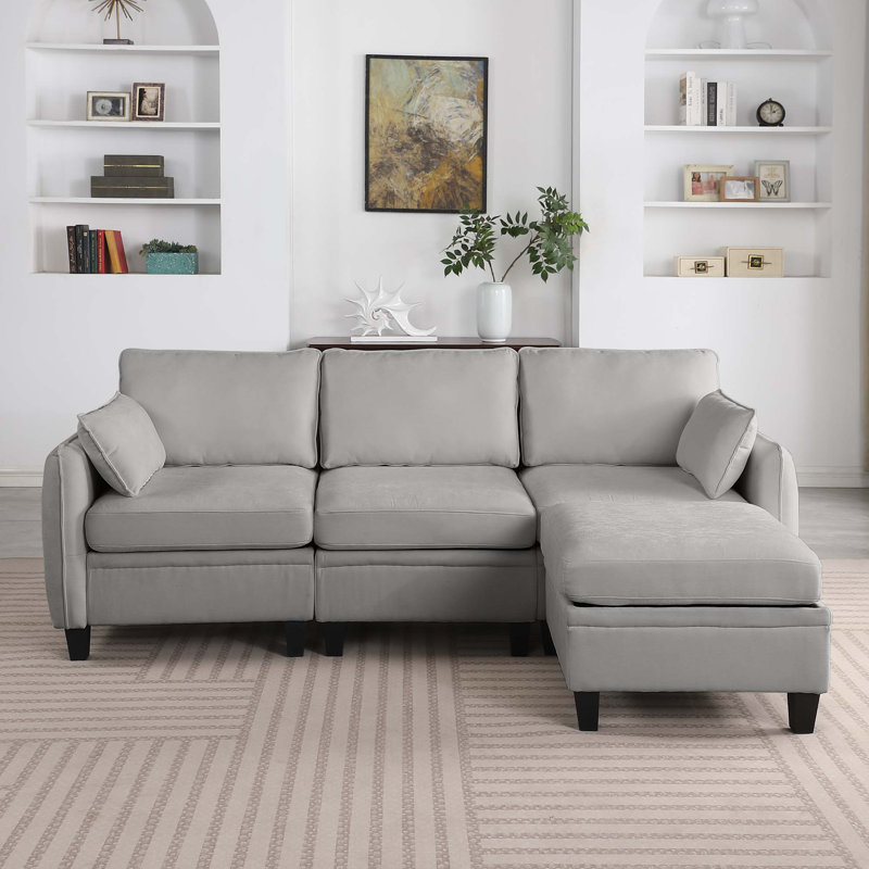 Canapé modulaire en chenille avec repose-pieds, Chenille - gris