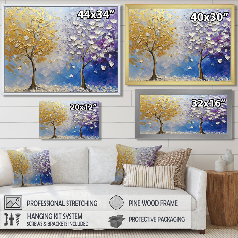Arbre d'automne jaune et mauve - arbre, art mural, salon, Cadre flottant blanc, bois massif, H 16 po x l 32 po