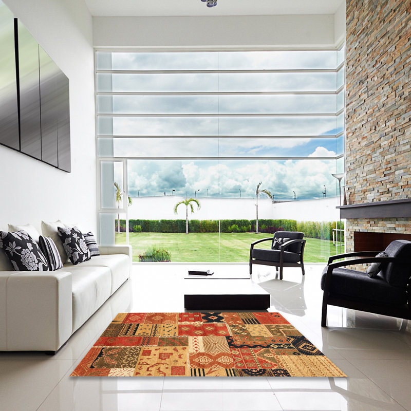 Tapis brun clair / rouge / brun, Carré 6 pi