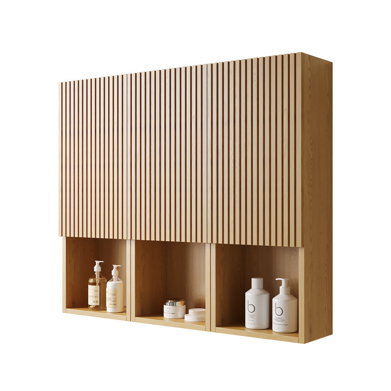 Armoire de salle de bain de 41 po - 3 armoires avec portes en contreplaqué à texture de bois de chêne et sections ouvertes semi-françaises à rainure 3D
