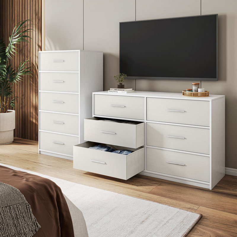 Commode 5 tiroirs avec grands tiroirs en tissu, blanc, Blanc