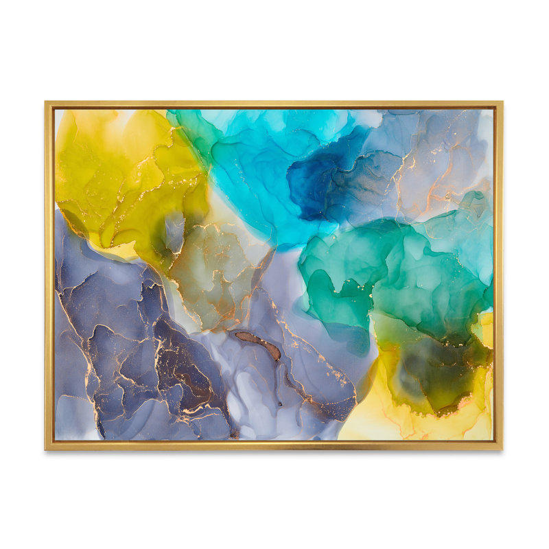 Turquoise et jaune luxe abstrait fluide - peinture sur toile, H 24 po x l 32 po x P 1 po, Cadre flottant doré