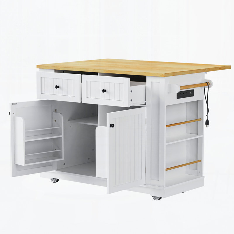 48Inch Kitchen Island With 2 Bar Stools, Power Outlet, Internal Storage Rack, Kitchen Storage Cart On 5 Wheels With Drop Leaf, 5 Open Side Racks, Drawers