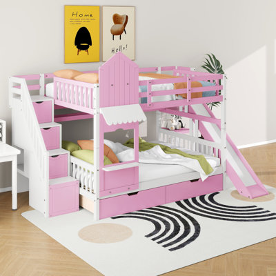 Lit superposé double de style château, lit superposé en bois avec 2 tiroirs et 3 tablettes, cadre de lit avec glissière et escalier de rangement