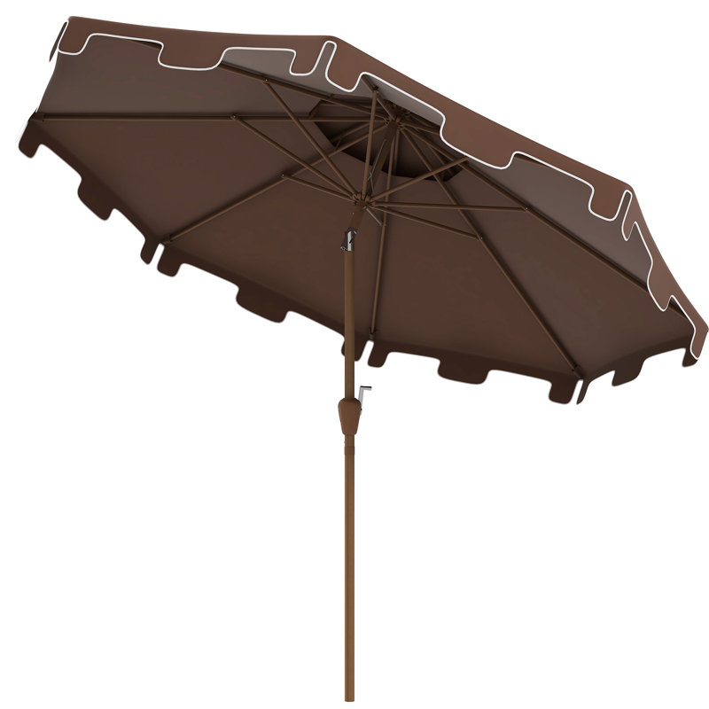 Parasol de patio extérieur 9 'à bouton-poussoir inclinable et manivelle, double plateau à volants pour jardin, terrasse, piscine brun avec manivelle