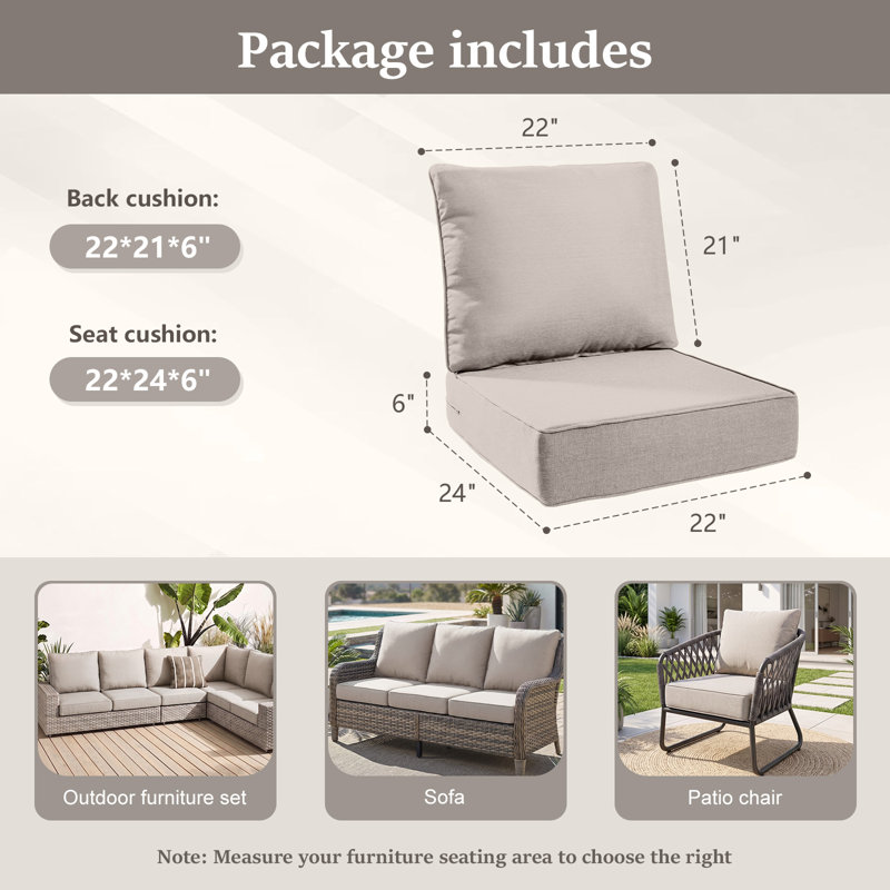 Ensemble de coussins pour chaises d'extérieur (2 pièces) : 53 x 56 cm + 56 x 61 cm (profondeur assise et dossier) pour mobilier de jardin.