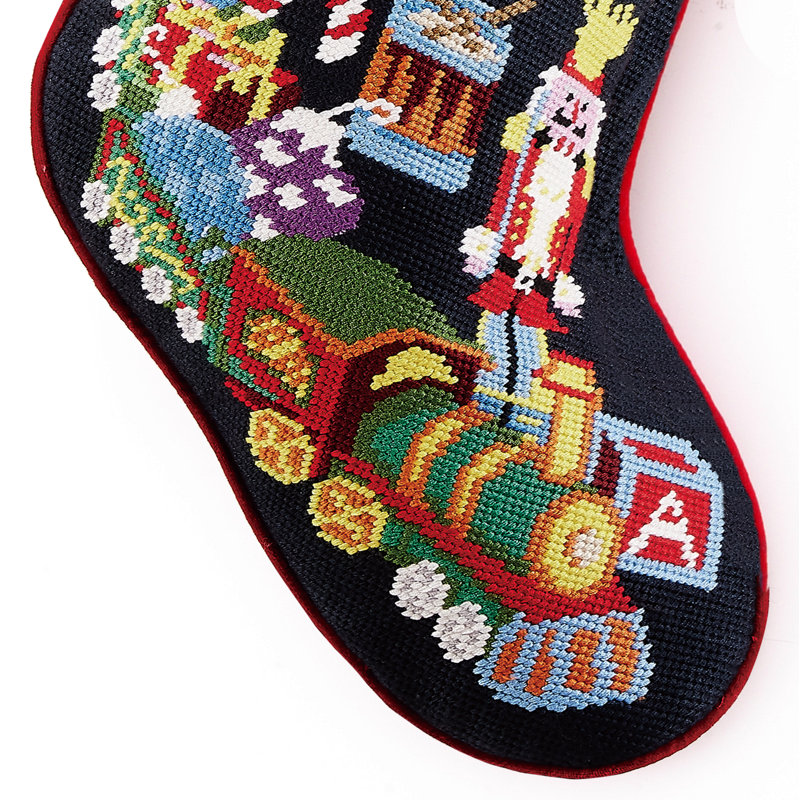 Toy Train Embroidered Needlepoint Stocking