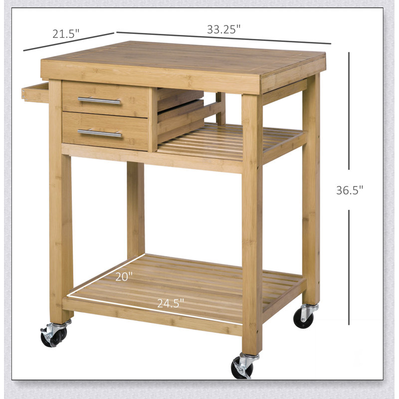 Bamboo Kitchen Island Cart on Wheels with Drawers and Shelves, Perfect for Storage and Mobility in Modern Kitchens.