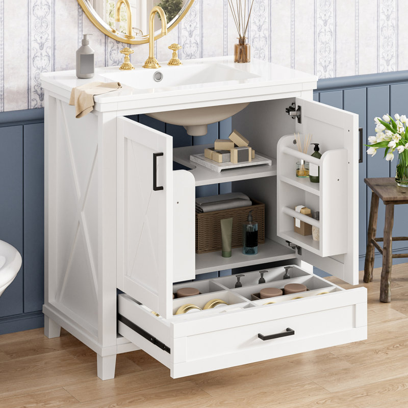 Meuble-lavabo moderne de 30 pouces avec portes à fermeture douce et tablettes réglables, Gris