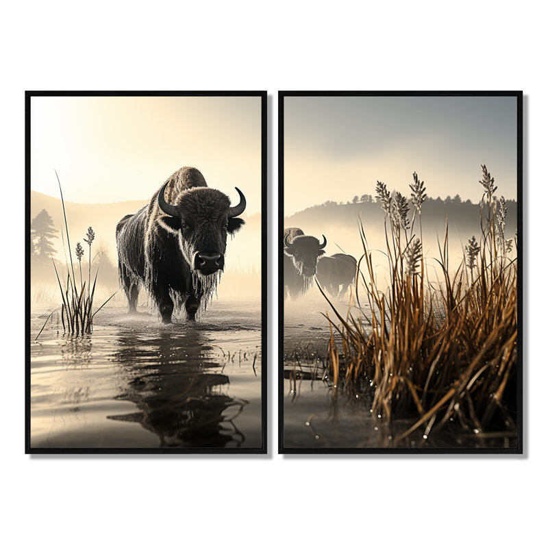 Buffle gris matin brumeux I - art mural moderne, H 36 po x l 48 po, Reproduction encadrée sans passe-partout, Noir
