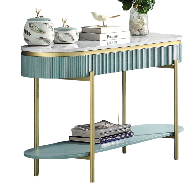 Glam Contemporary Teal 1Pc Sofa Table Top Living Room Side Table Open Bottom Shelve