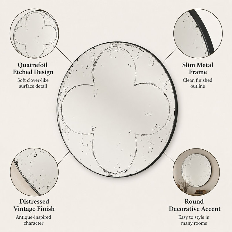 Miroir mural rond avec motif quadrilobe gravé