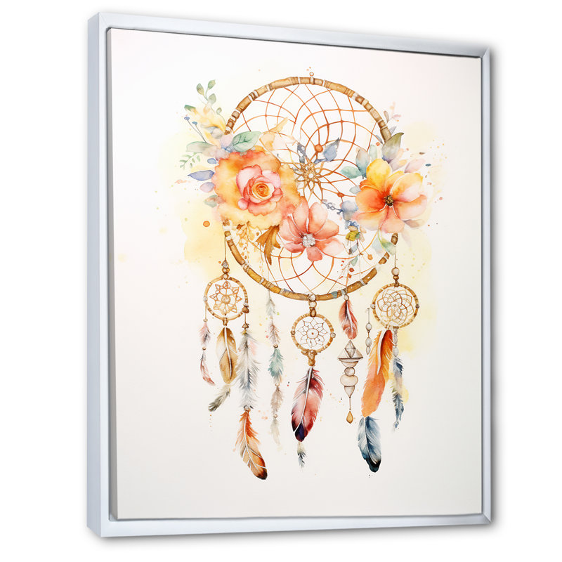«Yellow Boho Dreamcatcher», impression sur toile, Cadre flottant blanc, H 32 po x l 24 po x P 1 po
