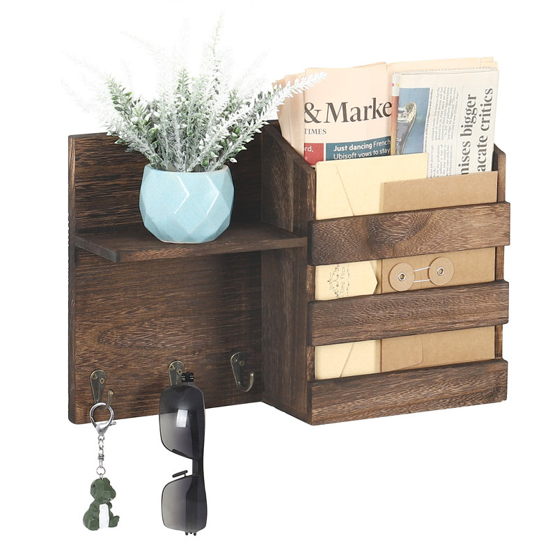 Hershell Floating Shelf with Hooks, Brown