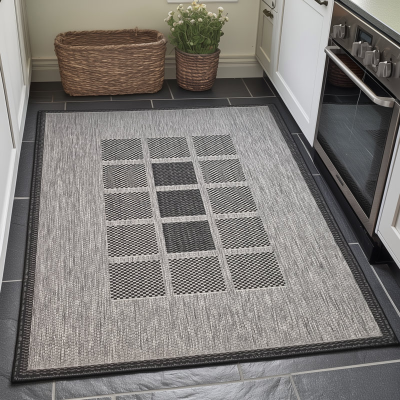 Gere Rug Non Slip Flat Weave Border Check Geometric Kitchen Living Room Carpet, Rectangle 160 x 225 cm, Grey