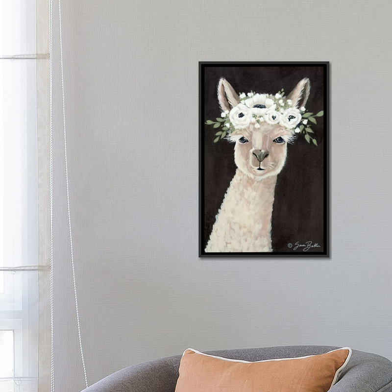 «Llama» par Sara Baker - reproduction d'art, Pas de tapis, Toile avec cadre noir, H 26 po x l 18 po x 1,5 po