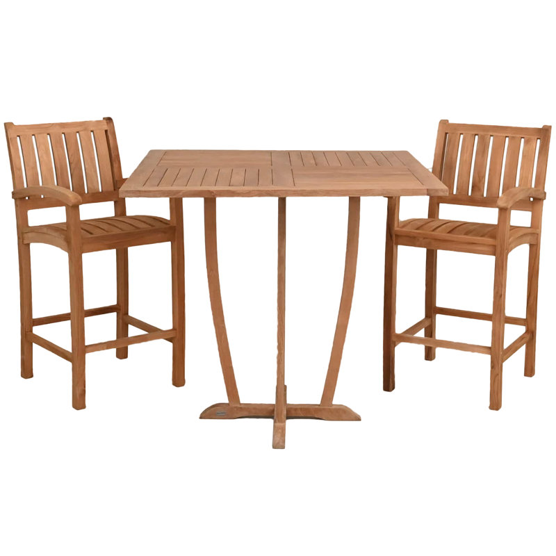 Ensemble bistro en bois de teck avec table carrée 35 "Miami et tabourets de bar avec accoudoirs Abacho, 2