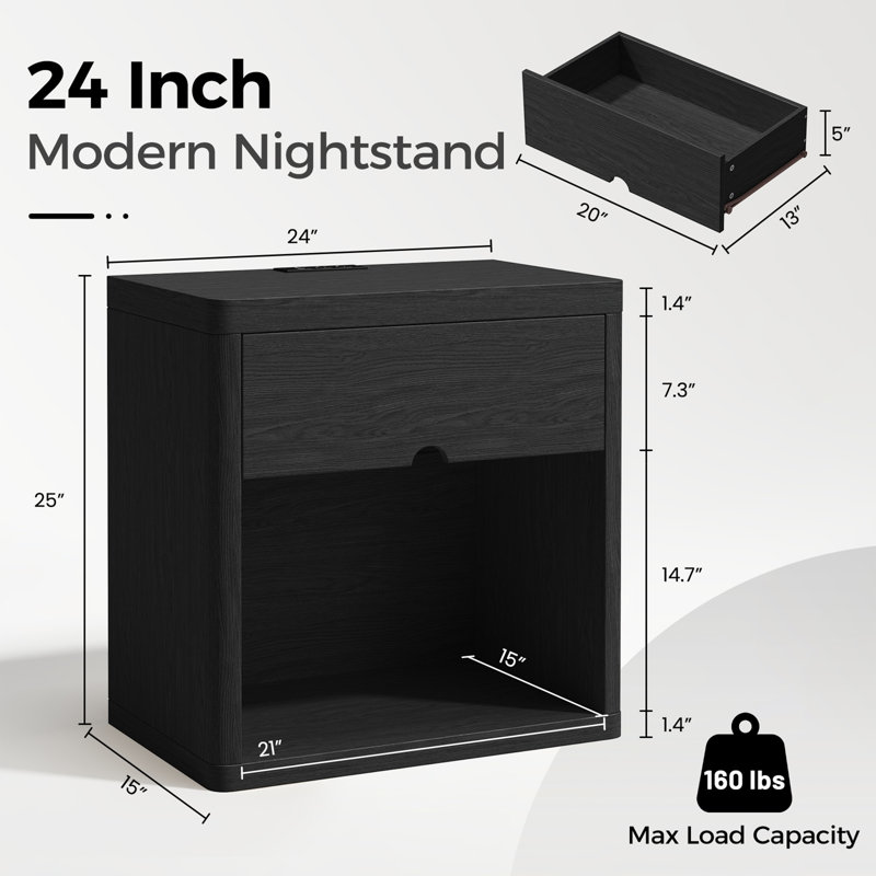 24.8'' H 1 - Drawer Nightstand With Built-In Outlets, Indivudual, Black