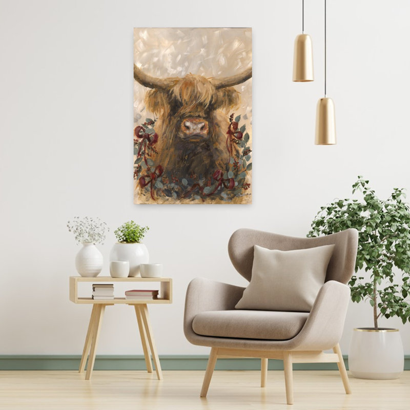 Holiday Highland Cow, art contemporain abstrait, H 36 po x l 24 po