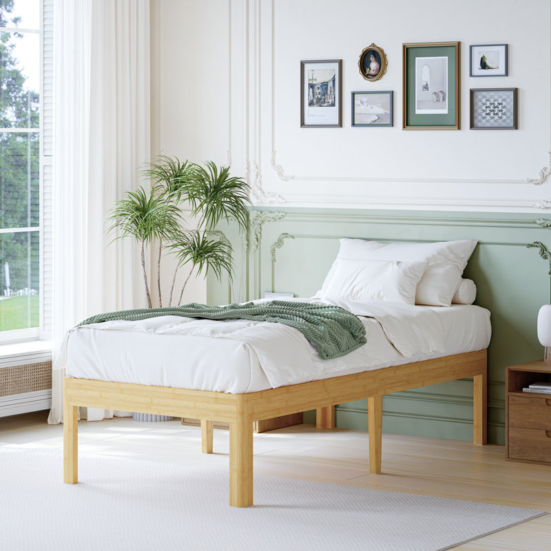 Structure de lit plateforme robuste en fer et bambou Amylia en bois massif et métal sans sommier, Lit simple, 18"
