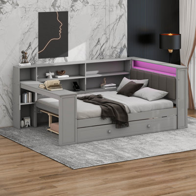 Lit plateforme double avec tête de lit tapissier, bureau intégré, 8 tablettes de rangement, lit gigogne escamotable, lumières DEL