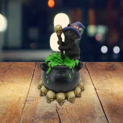 4.75"H LED Cat with Potion in Cauldron Figurine