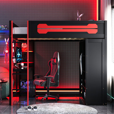 Red Full - Size Loft Bed With Integrated Desk, Open Wardrobe, And Lighting For A Stylish Gaming Study Solution In Bedroom Lights Productive Space Modern Home