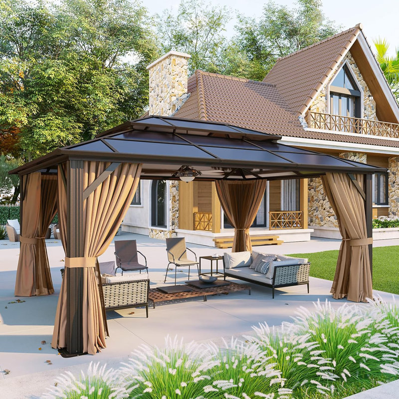 Pavillon de jardin permanent 12 pi x 16 pi avec cadre en aluminium avec rideaux et filet