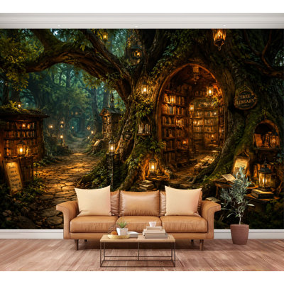 Wall Mural Peel and Stick Wallpaper Magical Forest Tree Library Glowing Lanterns Self-Adhesive Removable Contact Paper Wall Decor for Living Room Bedroom 100"H x 144"W