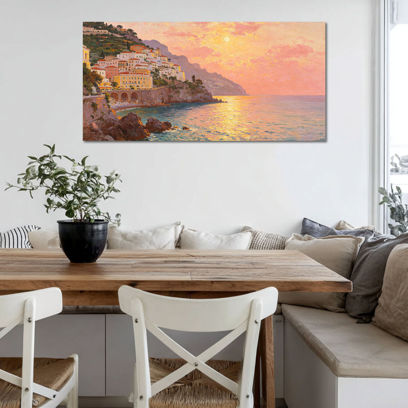 Coucher de soleil - peinture côtière italienne pour la décoration méditerranéenne, œuvre d'art de plage vibrante pour le bureau de la chambre à coucher, toile tendue avec cadre en pin, 12 po x 24 po