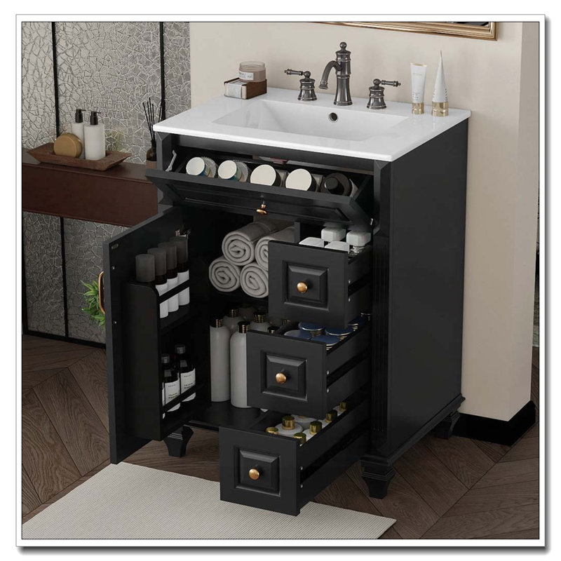 Meuble-lavabo de 24 po en bois massif avec tiroir rabattable et rangement spacieux, Noir