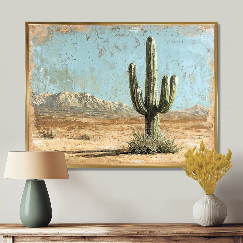 Cactus dans le désert I - art mural cactus, H 16 po x l 32 po, Cadre flottant, Doré