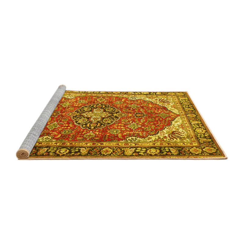 Tapis oriental jaune / orange / olive en polyester / chenille tissé à la machine, Rond 4 pi
