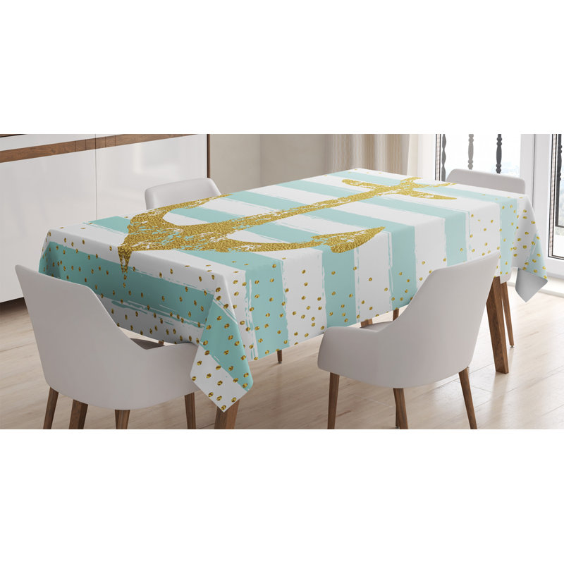 Nordic Marine Golden Yellow Anchor Striped Background Old-Fashioned Artwork Tablecloth, 70" x 52"