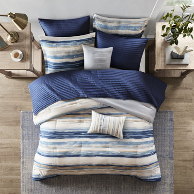 8 Seersucker Bedding - Blue Queen Channel Stitch Quilt 8 Piece And Comforter Pleated Shams