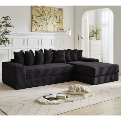 [NEW ARRIVED] [VIDEO PROVIDED] Oversize Cloud Sectional Couch, L-Shape Sofa, Convertible Floor Sleeper Sofa Bed, No Assembly,Eight pillows,3-in-1,Magazine bag,(Right Facing Sofa),4 Seat,Corduroy,Black
