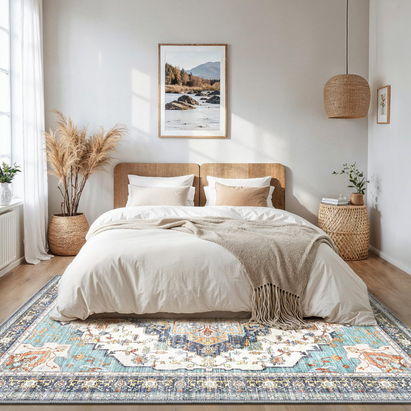 Oriental Area Rug, Vintage Low Pile Non-Slip Machine Washable Area Rug, Brick/Beige, Rectangle 120 x 170 cm