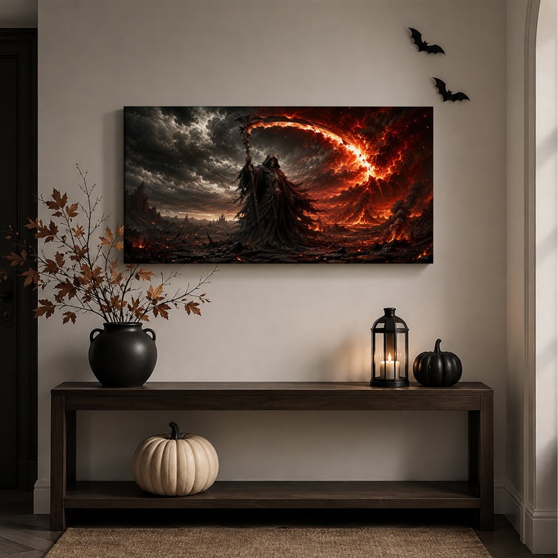 La Faucheuse à la faux incandescente dans une toile murale d'Halloween volcanique enflammée, L 20 po x H 10 po
