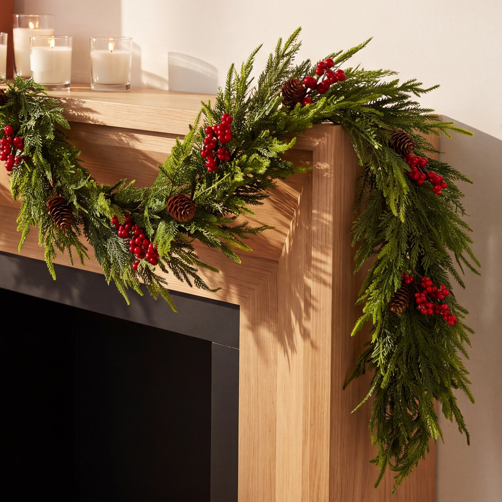 Christmas Garland with Pinecones and Red Berries, 9'