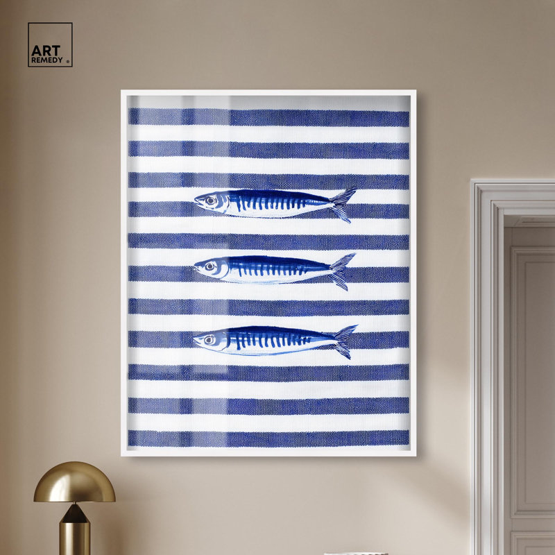 Décoration de bord de mer à trois poissons bleus par Art Remedy, cadre noir, 20 x 24, H 25 po x l 21 po, Cadre noir